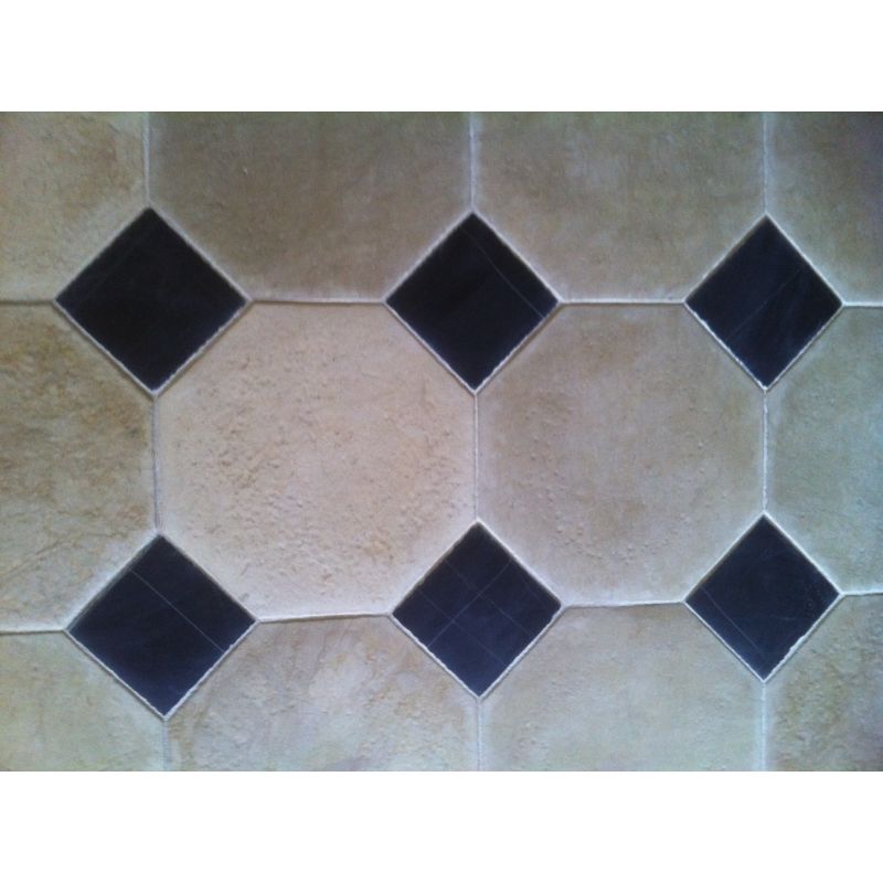 Antiqued Octagon and Dot Pattern Beige Limestone with Black Marbl