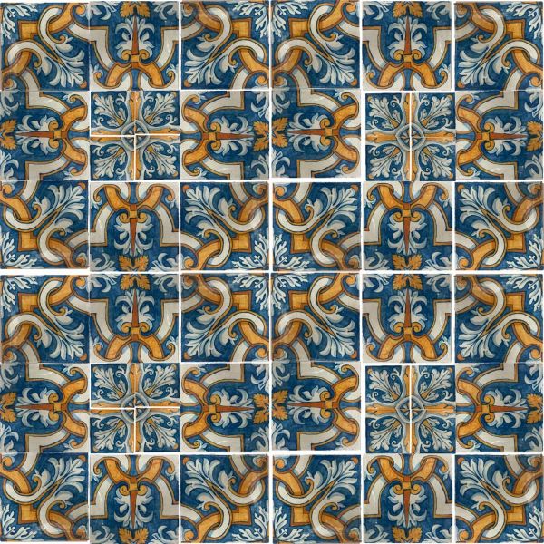 Antique Portuguese Blue Scrolls Terracotta Tile 10 tile Pattern