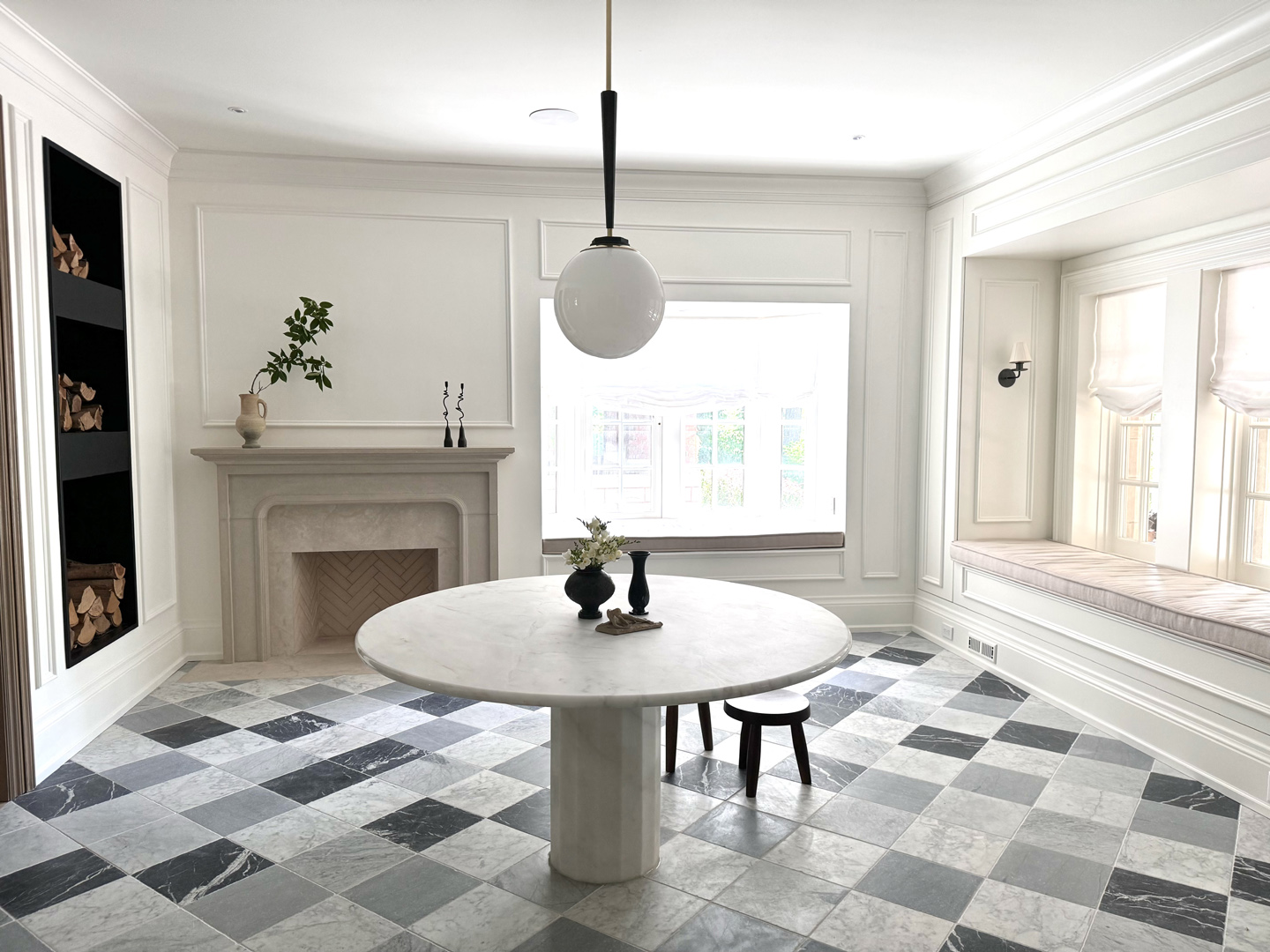 Black and white marble checkerboard tile floor