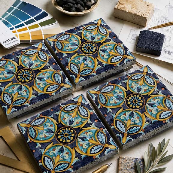 Italian hand-painted ceramic and glazed lavastone tiles