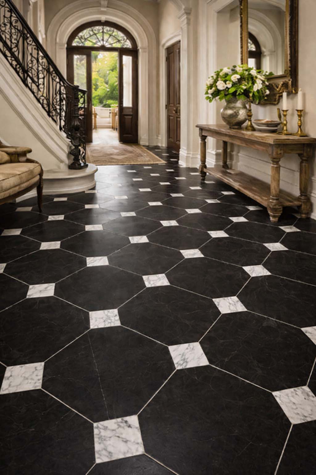 Black Nero marble tile with white veining