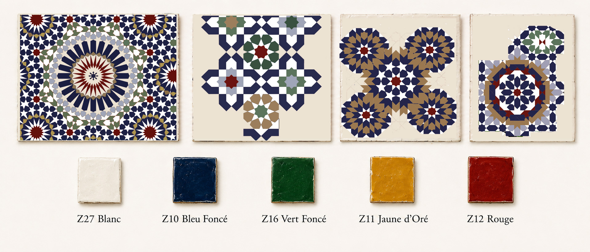 Custom zellige motif renderings for different project areas